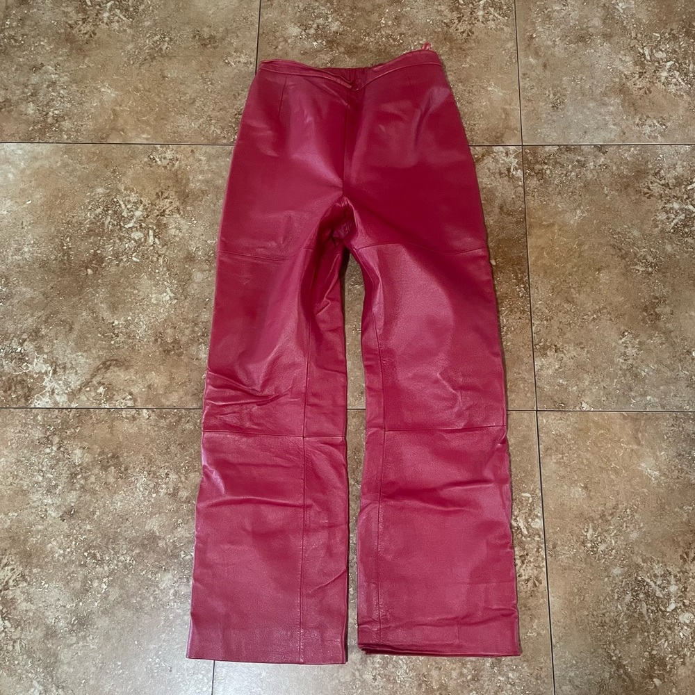 High waisted leather red pants motorcycle chaps side zipper - Picture 2 of 10